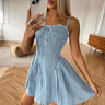 Apparelplayground Dress — Distressed Denim Mini with Silk-Soft Drape & A-Line Edge